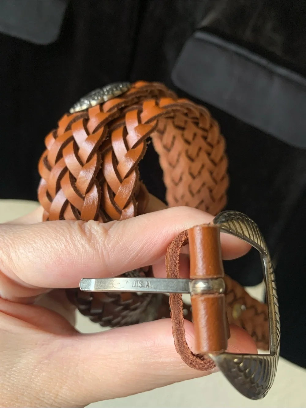 Braided Brown Leather Belt with Decorative Silver-Tone Buckle